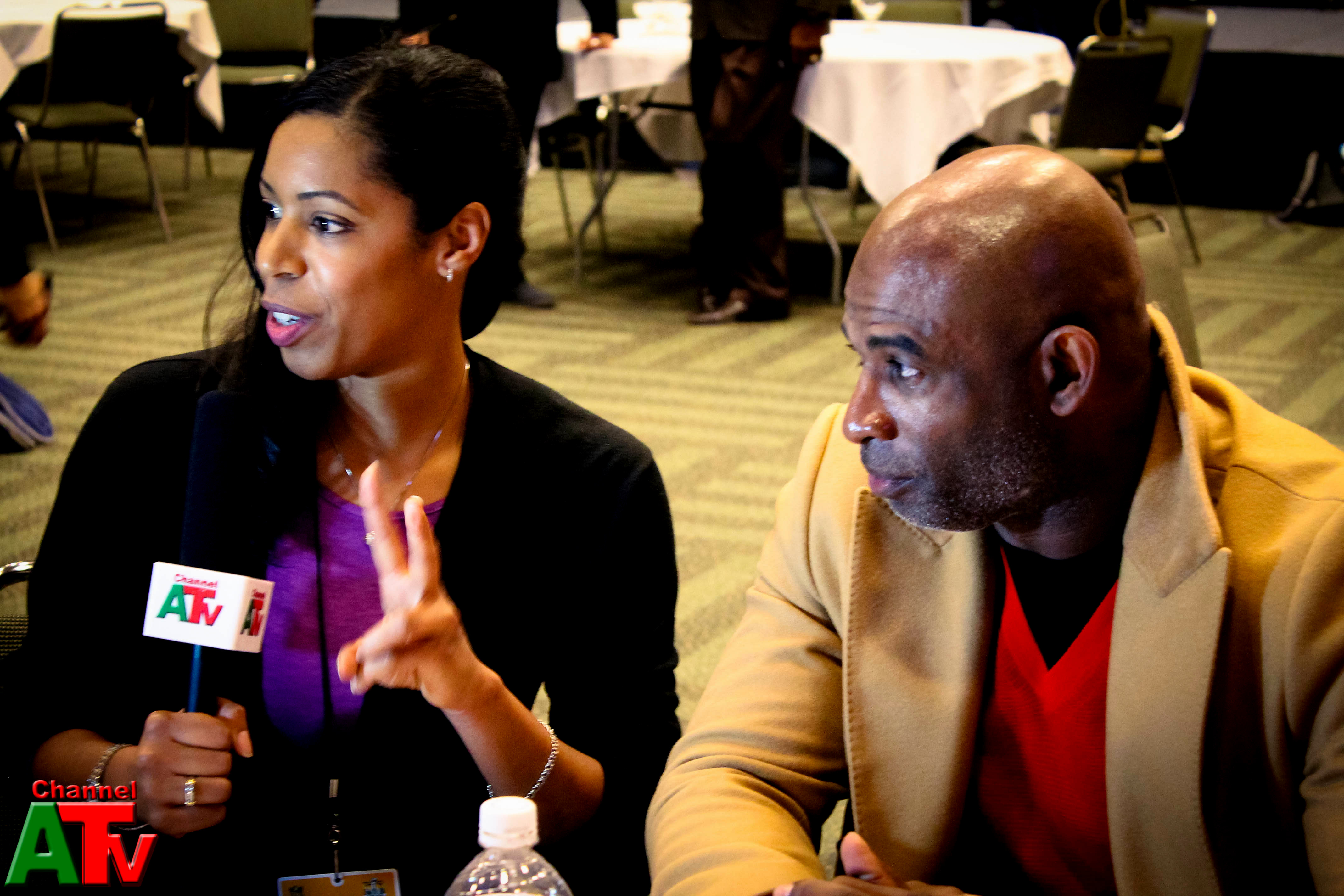 Deion Sanders interviews with Channel A TV at Super Bowl 50