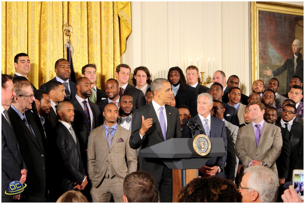 President Obama congratulating the Coach Pete Carroll and the Seattle Seahawks
